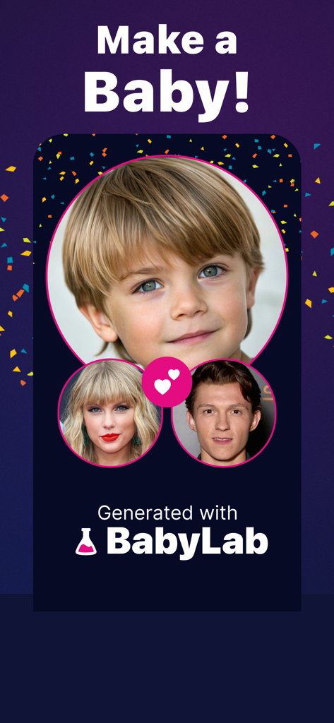 BabyLab - Baby Maker Generator - Screenshot of BabyLab app showing an AI baby generated from photos of Taylor Swift and Tom Holland