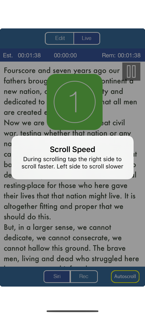 Teleprompter interface in the SpeechMaker app showing scroll speed instructions and a countdown timer.