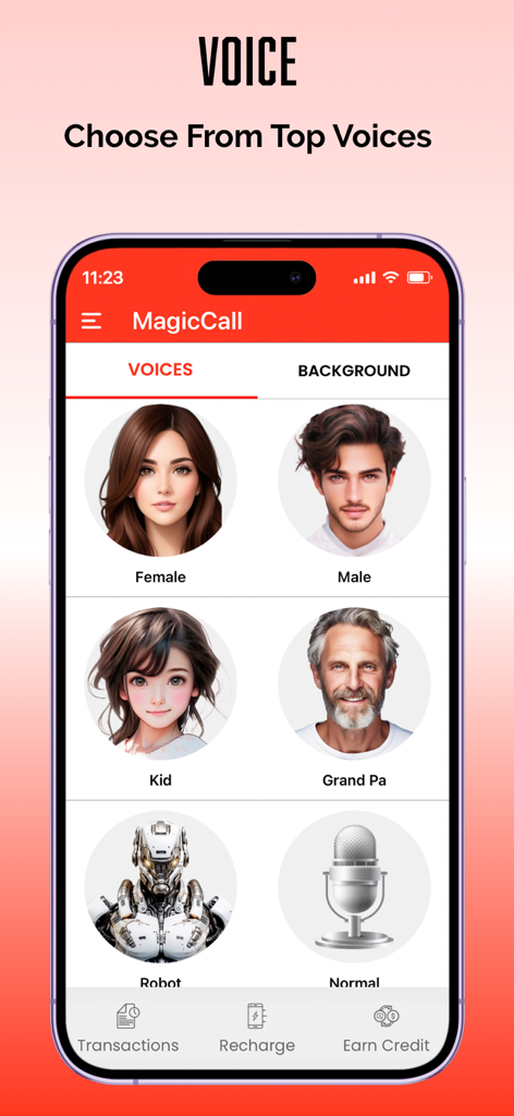 MagicCall app interface showing real-time voice changer options including female, male, kid, grandpa, and robot voices.