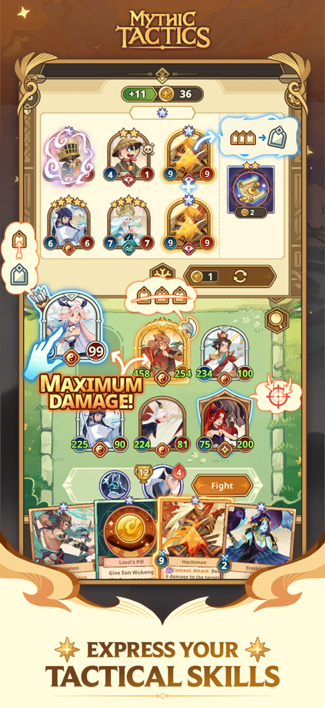 Mythic Tactics: Battleground - Mythic Tactics Battleground gameplay screen showing character card drafting and tactical unit formation.