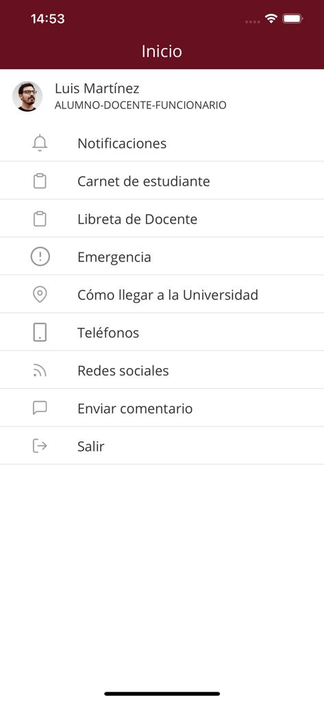 Universidad ORT Uruguay - Home screen of the Universidad ORT Uruguay mobile app showing the user profile and main navigation menu options