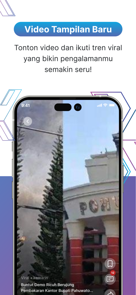 TribunX app screenshot showing a vertical video news feed with Indonesian local news content
