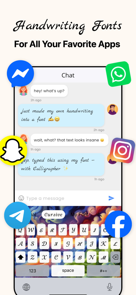 WhatsAppやInstagramのようなソーシャルメディアアプリでメッセージを送るために使われるカスタム手書きフォントキーボード