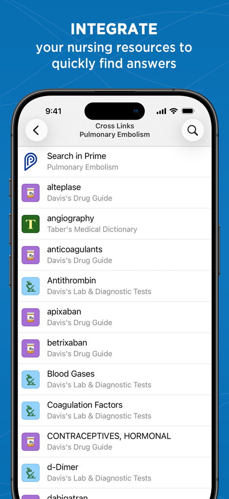 Captura de tela do aplicativo Nursing Central mostrando resultados de pesquisa médica integrada para Embolia Pulmonar em bancos de dados clínicos