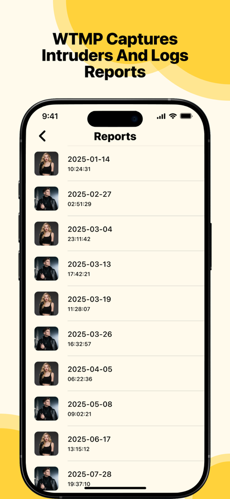 Intruder reports screen in the AntiLost app showing captured photos and timestamps of unauthorized phone access attempts