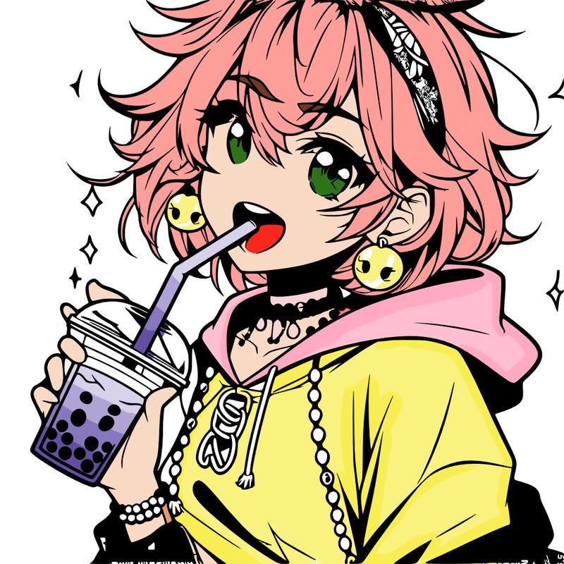 hot baddie anime girl drinking boba and biting the straw