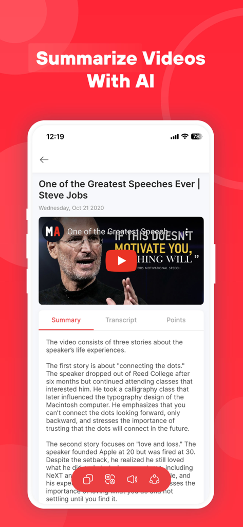 AI Video Summarizer Tool - Interfaz de la aplicación Summario que muestra un resumen de texto generado por IA de un video de YouTube titulado 'One of the Greatest Speeches Ever' de Steve Jobs.