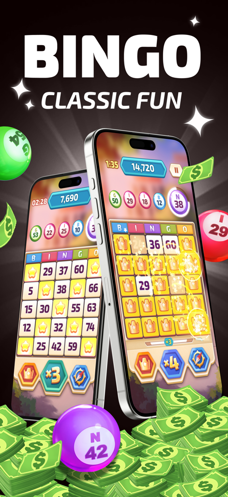 Cash Legends™: Win Real Money - Jogabilidade de Bingo em smartphones com pilhas de dinheiro e displays de prêmios em dinheiro real