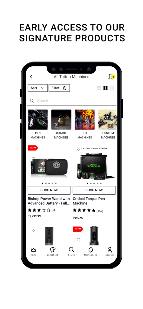 Kingpin Tattoo Supply app screen showing various tattoo machines for professional artists