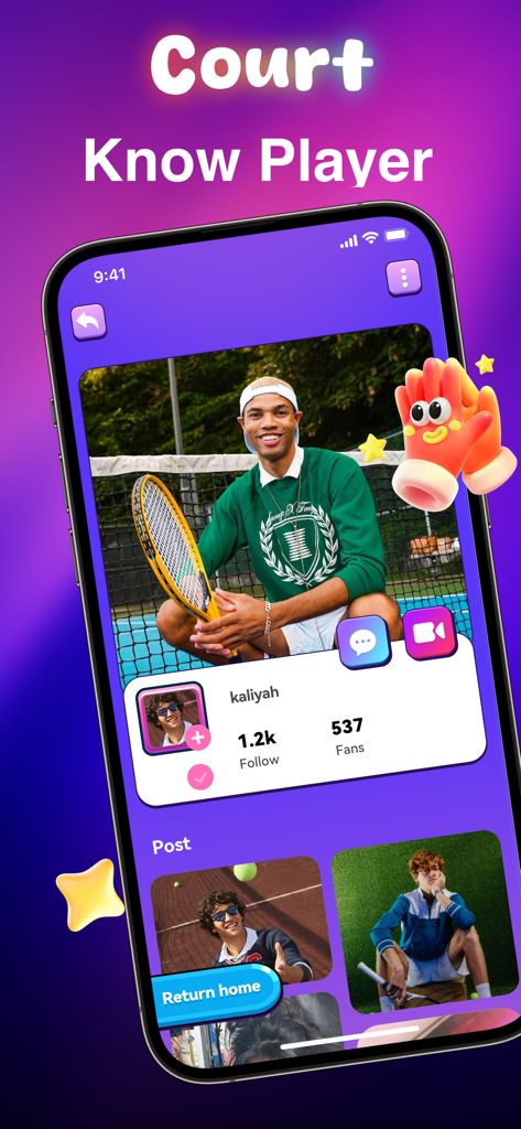 Interfaccia dell'app Ncey che mostra il profilo di un giocatore di tennis con statistiche sociali e opzioni di videochiamata.