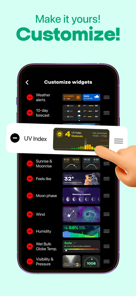 A smartphone screen showing the customization of weather widgets in the OpenPet app