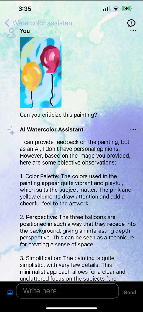 Asistente de acuarela IA brindando comentarios detallados y crítica sobre una pintura digital