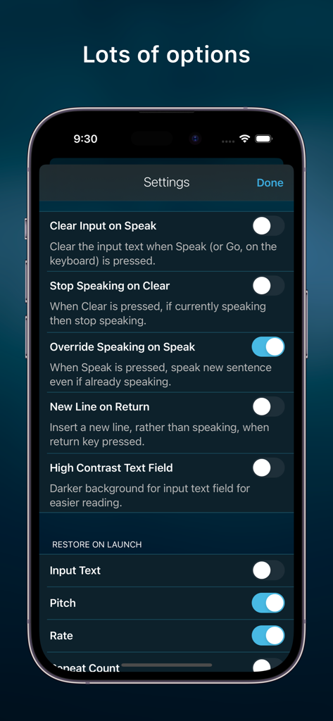Speak • Speech Synthesizer - Speakアプリの設定メニュー。カスタマイズオプションが表示されています。