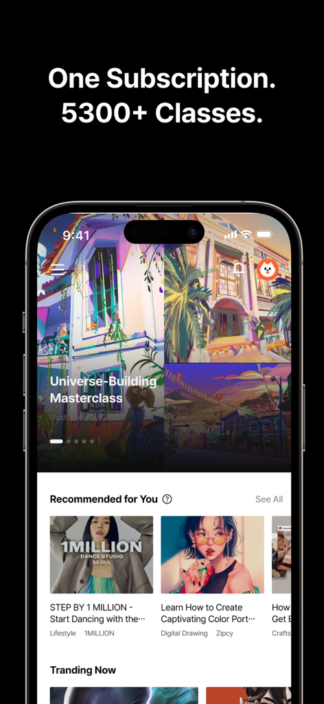 Aplicativo móvel Class101 mostrando diversos cursos on-line de arte digital e estilo de vida