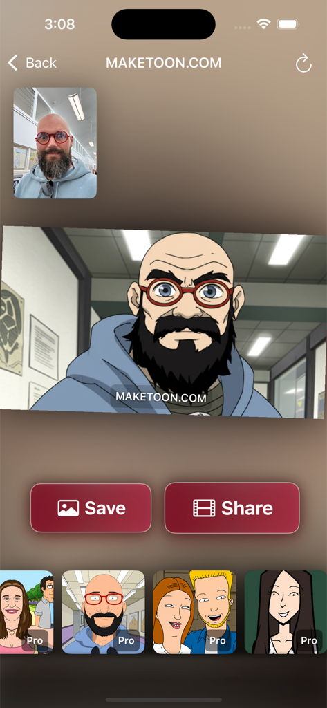 Cartoon Yourself: MAKETOON - MAKETOONアプリのインターフェース。男性のセルフィーがAI生成のカートゥーンキャラクターに変換された様子