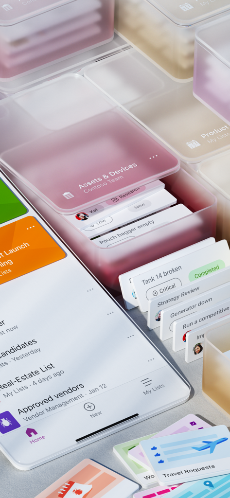 Uma visão 3D estilizada da interface móvel do Microsoft Lists mostrando cartões de rastreamento de projetos para ativos e fornecedores