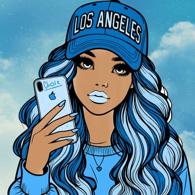 realistic beautiful girl wearing los ángeles cap holding an iphone