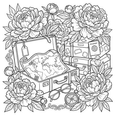 Unfold a world of beauty and adventure with this captivating coloring page featuring lush peonies and iconic travel elements. Immerse yourself in the intricate details of suitcases, maps, and blossoms, ready for your creative touch.