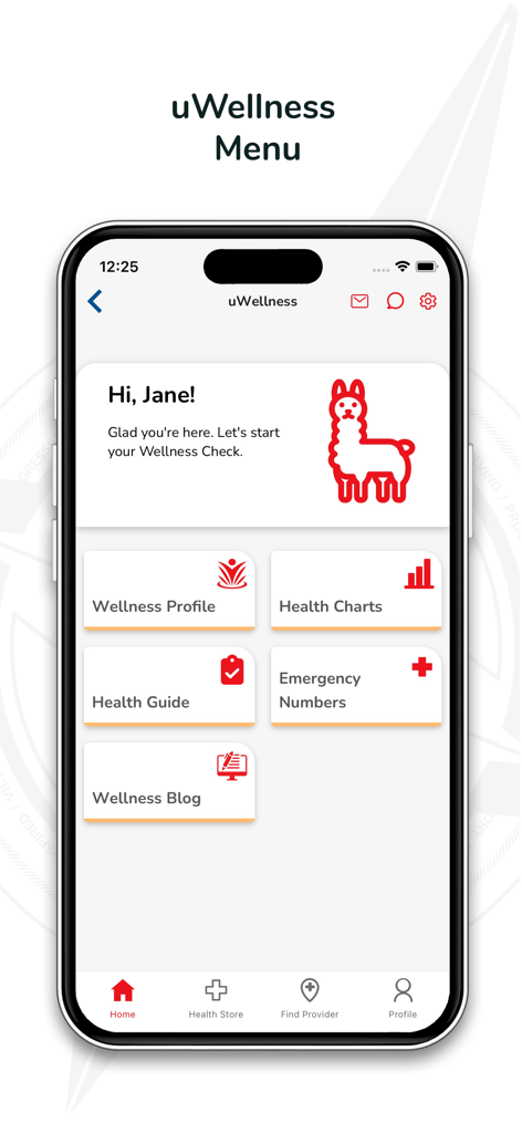 Universal.one - The uWellness menu screen of the Universal.one app featuring icons for wellness profile health charts and guides