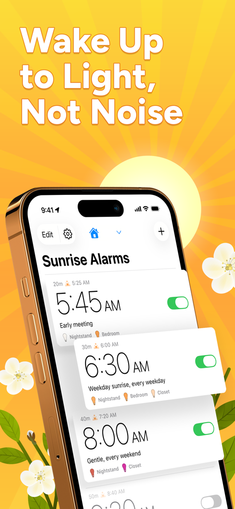Sunrise Alarm for Smart Lights - iPhone displaying the Sunrise Alarm app interface with various scheduled light-based wake-up alarms on a warm yellow sun background.