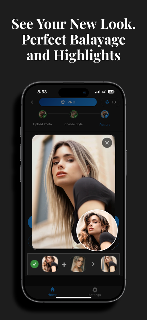 HairLook - Hairstyle Try On - Uma mulher usa o aplicativo HairLook para pré-visualizar uma nova cor de cabelo balayage e mechas