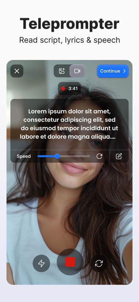 Capsula AI: Video Captions App - A woman recording a video with the Capsula AI teleprompter feature displaying a script over the camera view.
