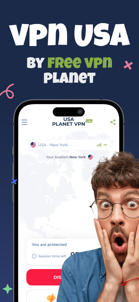 Interface de l'application VPN USA montrant une connexion sécurisée à un serveur de New York avec un homme surpris