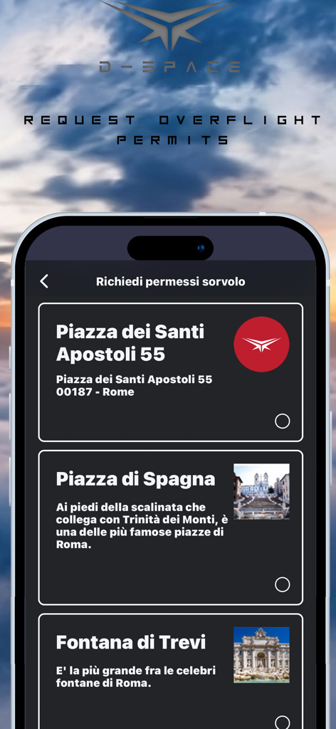 D-Space app interface for requesting drone overflight permits for famous locations in Rome