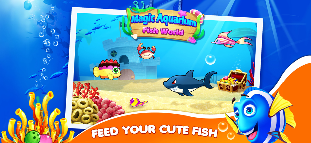 Cartoon fish and a treasure chest in an underwater scene from the Magic Aquarium mobile game