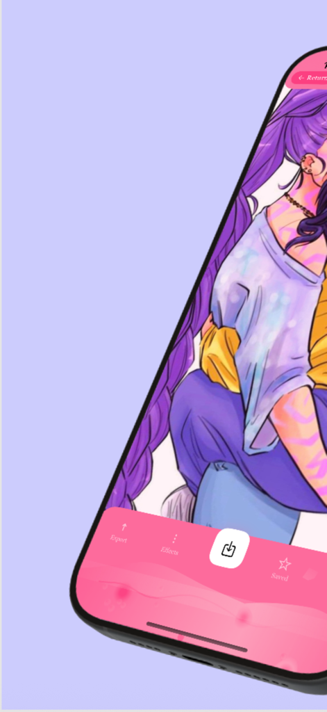 Interface of the Kpop Girls Wallpaper fanart app showing a digital illustration of a girl with purple hair