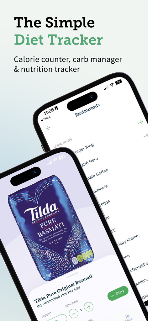 Carbs & Cals: Diet & Diabetes - Carbs and Cals app interface showing restaurant calorie listings and a nutrition tracking page for Tilda rice