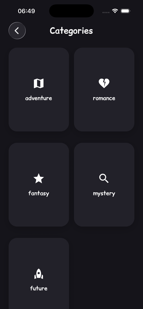 Magic World: Kids Books & Read - 모험, 판타지, 미스터리와 같은 이야기 카테고리를 표시하는 매직 월드 앱 화면