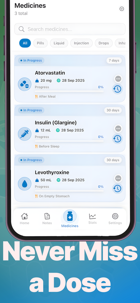 Interface do aplicativo MedTracker mostrando uma lista de medicamentos, incluindo pílulas e injeções, com rastreamento de dosagem e progresso.