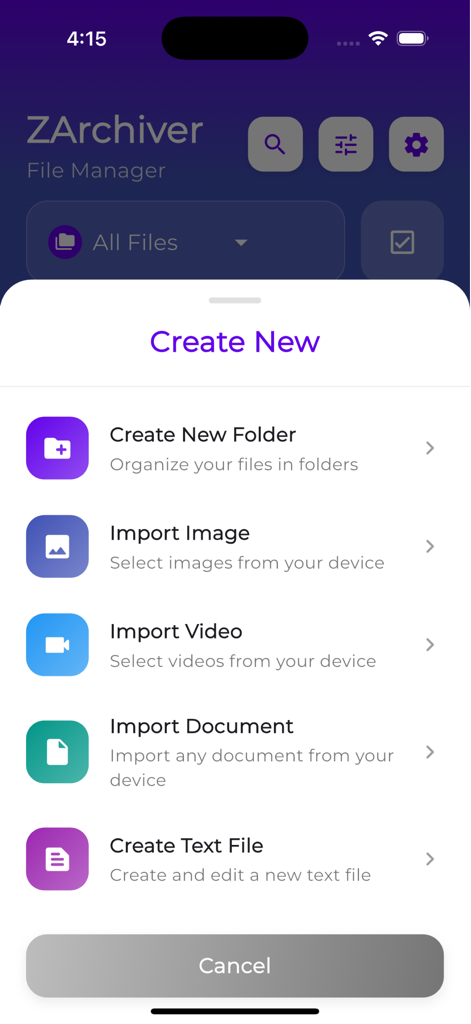 ZArchiver File Manager - ZArchiver File Manager app interface showing the Create New menu with options to create folders, import images, videos, and documents.