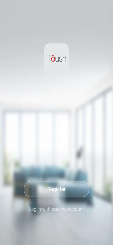 Tela de boas-vindas de login e registro do aplicativo Toush para casa inteligente