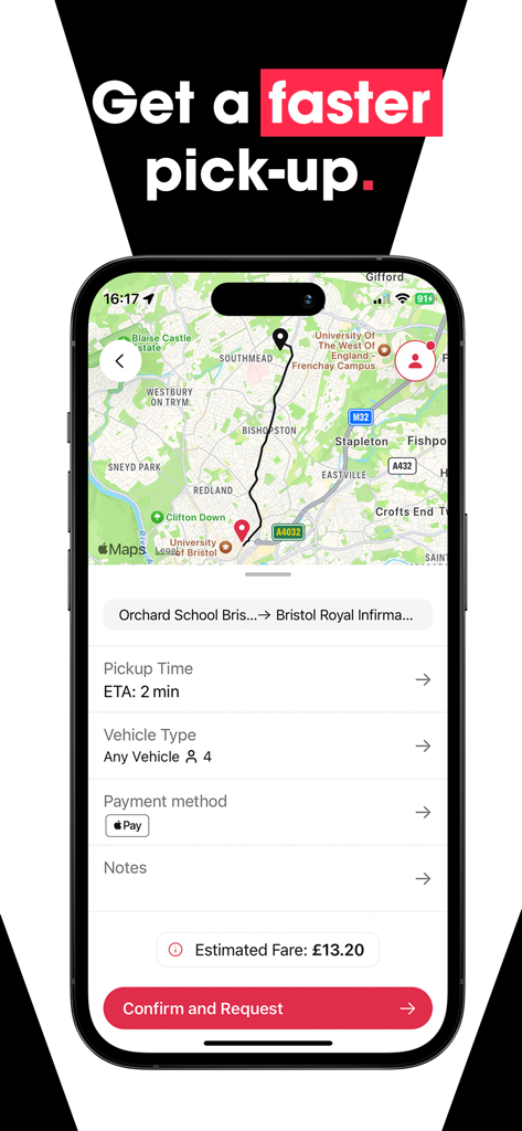 Veezu Taxi UK | Request a Ride - Veezu Taxi-App-Buchungsbildschirm mit einer Routenkarte und einer Fahrpreis-Schätzung.
