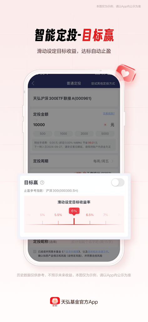 天弘基金 - Tianhong Fund app interface showing the intelligent fixed investment feature with a target profit rate setting slider.