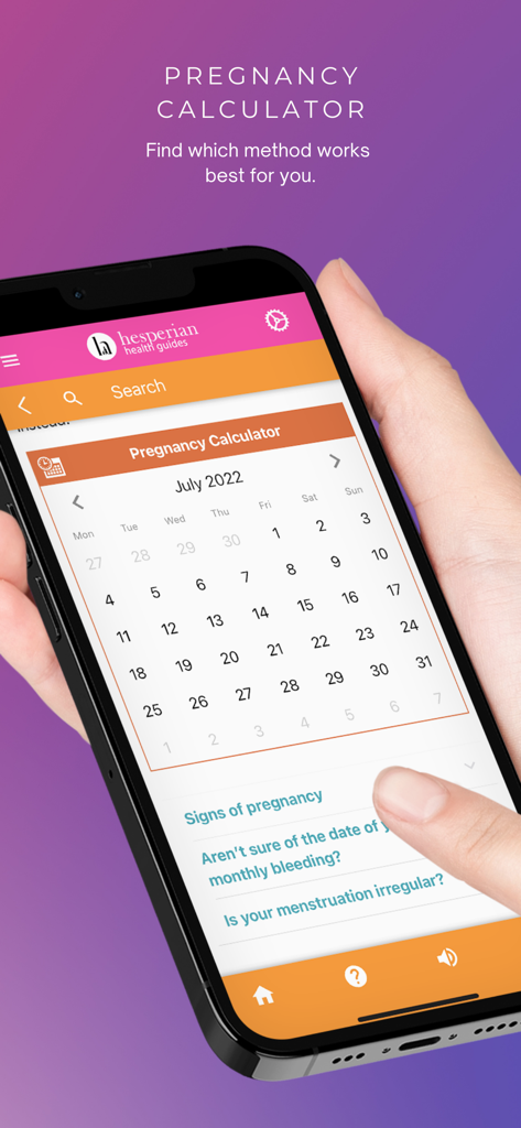 Safe Abortion (SA) - Safe Abortion app screen showing a pregnancy calculator with a calendar for tracking dates.