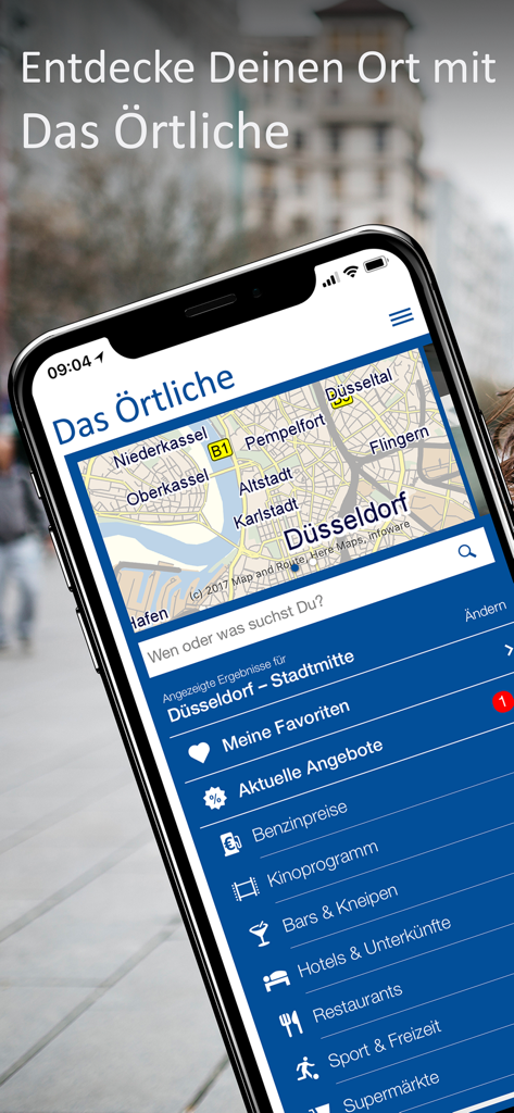 Das Örtliche Telefonbuch - Interfaz de la aplicación móvil de Das Oertliche mostrando un mapa de la ciudad y categorías de búsqueda local