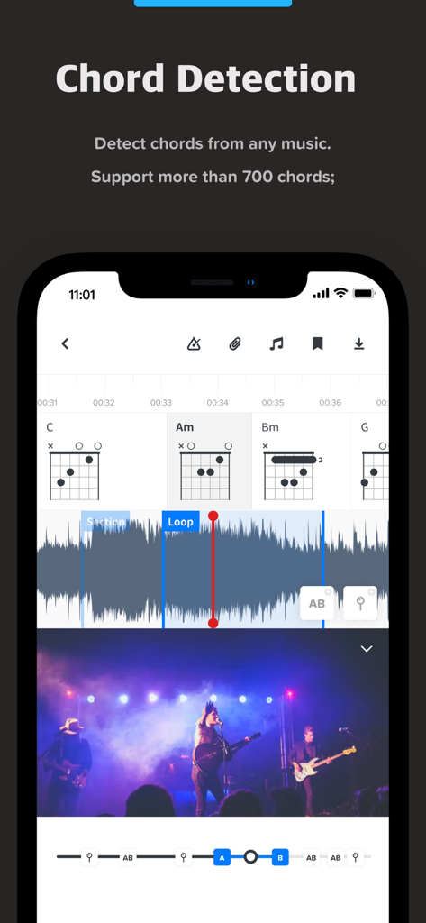 Interfaz de la aplicación Audio Jam que muestra la detección de acordes con IA y diagramas de acordes de guitarra