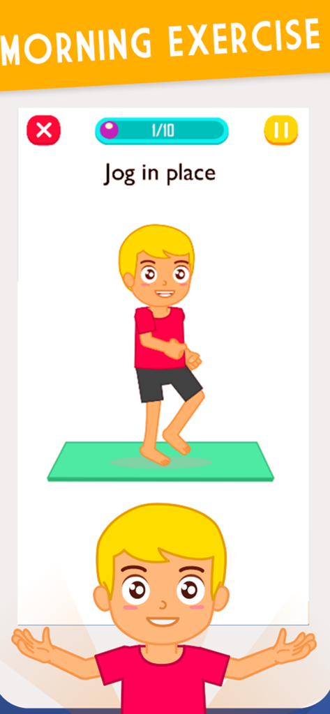 Um menino de desenho animado correndo no lugar em um tapete verde como parte de uma rotina de exercícios matinais para crianças.