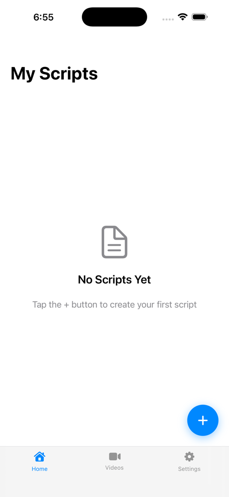 Teleprompter Pro for Creators - The My Scripts home screen of the Teleprompter Pro app showing an empty state and a button to add a new script