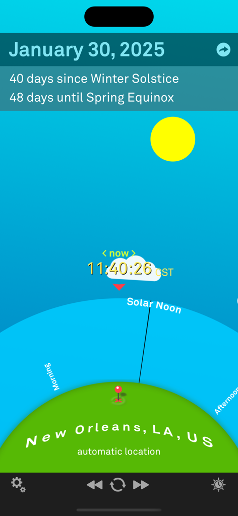 Sol: Sun Clock - Interfaz de la aplicación Sol Sun Clock que muestra el mediodía solar y el seguimiento del sol para Nueva Orleans
