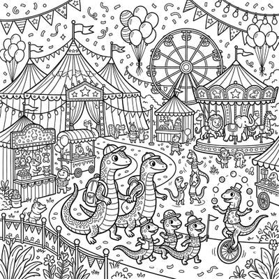 Dive into a world of excitement with our Skinks at the Carnival coloring page, featuring these charming reptiles enjoying a vibrant fairground. This intricate scene offers hours of creative fun for all ages, bursting with circus tents, thrilling rides, and playful skink characters.