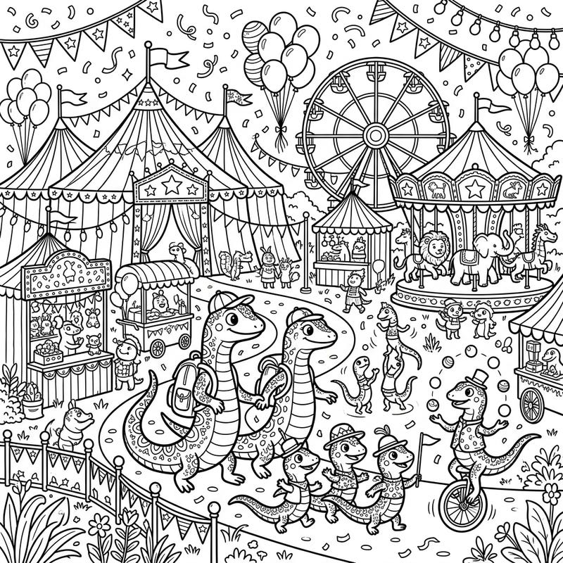 Dive into a world of excitement with our Skinks at the Carnival coloring page, featuring these charming reptiles enjoying a vibrant fairground. This intricate scene offers hours of creative fun for all ages, bursting with circus tents, thrilling rides, and playful skink characters.