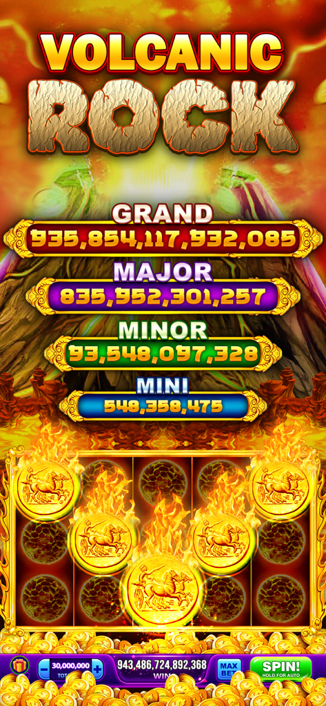 Gold Rich Casino - Vegas Slots - Interfaz de máquina tragaperras Volcanic Rock en la aplicación Gold Rich Casino con botes progresivos y un fondo de volcán