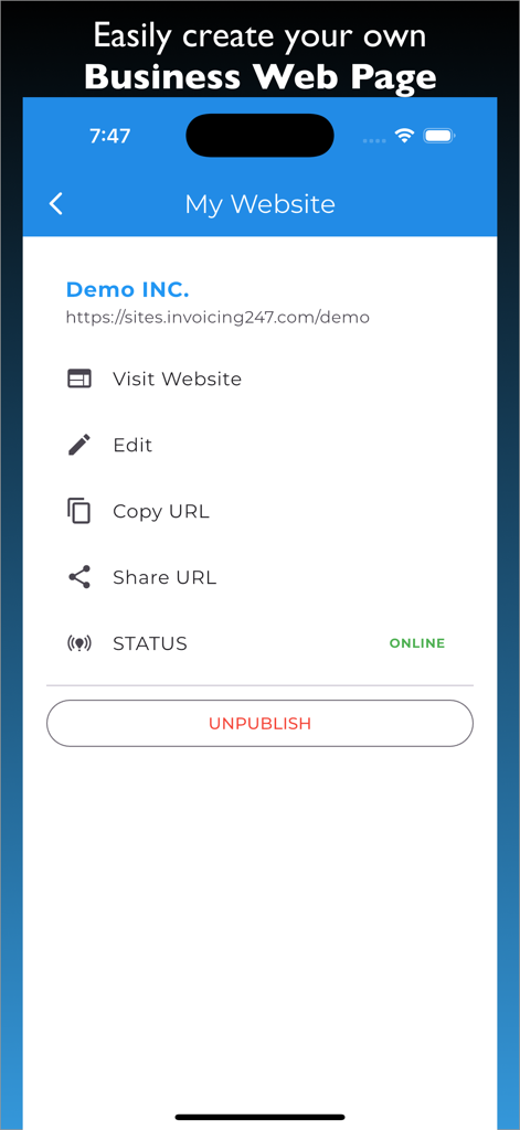 Invoicing 24/7 app interface for managing a professional business web page and URL.