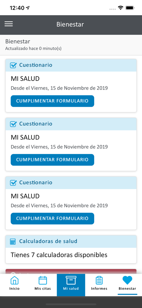 H.U Rey Juan Carlos - Mobile app interface showing the health and wellness section with patient questionnaires and health calculators