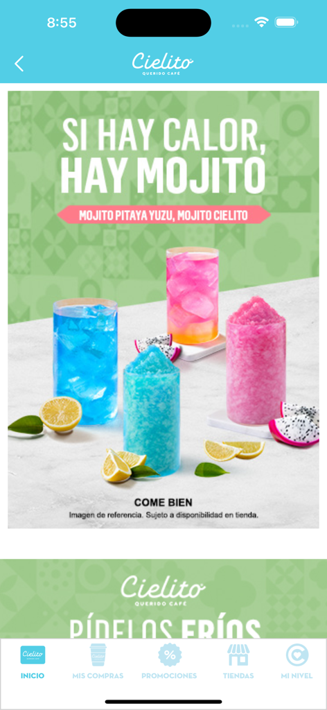 Cielito Querido - Cielito Querido Cafe app screen showcasing colorful seasonal mojito drinks with pitaya and yuzu for a summer promotion.