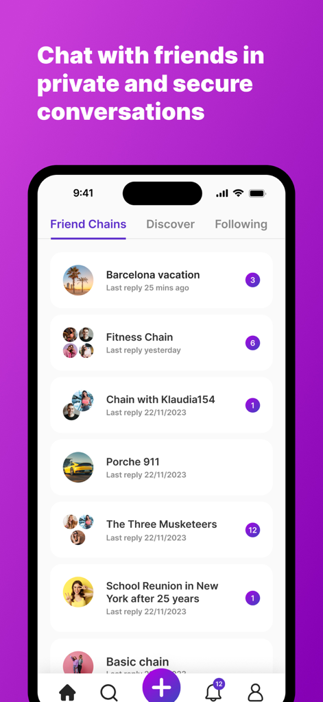 Chainstr: Video Chains - Chainstr app interface showing a list of private and secure video conversations with friends